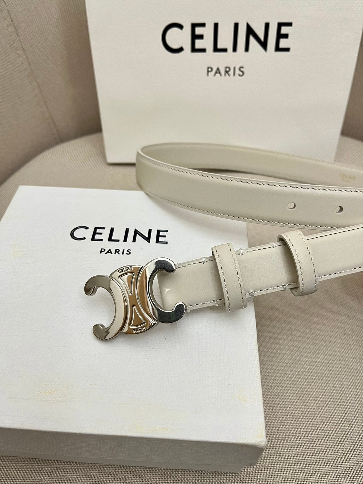 CELINE 25S TRIOMPHE 25MM BELT IN WHITE CALFSKIN SILVER HARDWARE