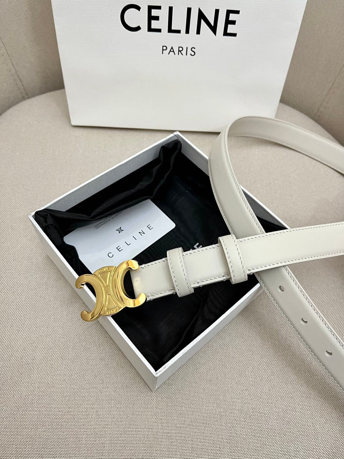 CELINE 25S TRIOMPHE 25MM BELT IN WHITE CALFSKIN GOLD HARDWARE
