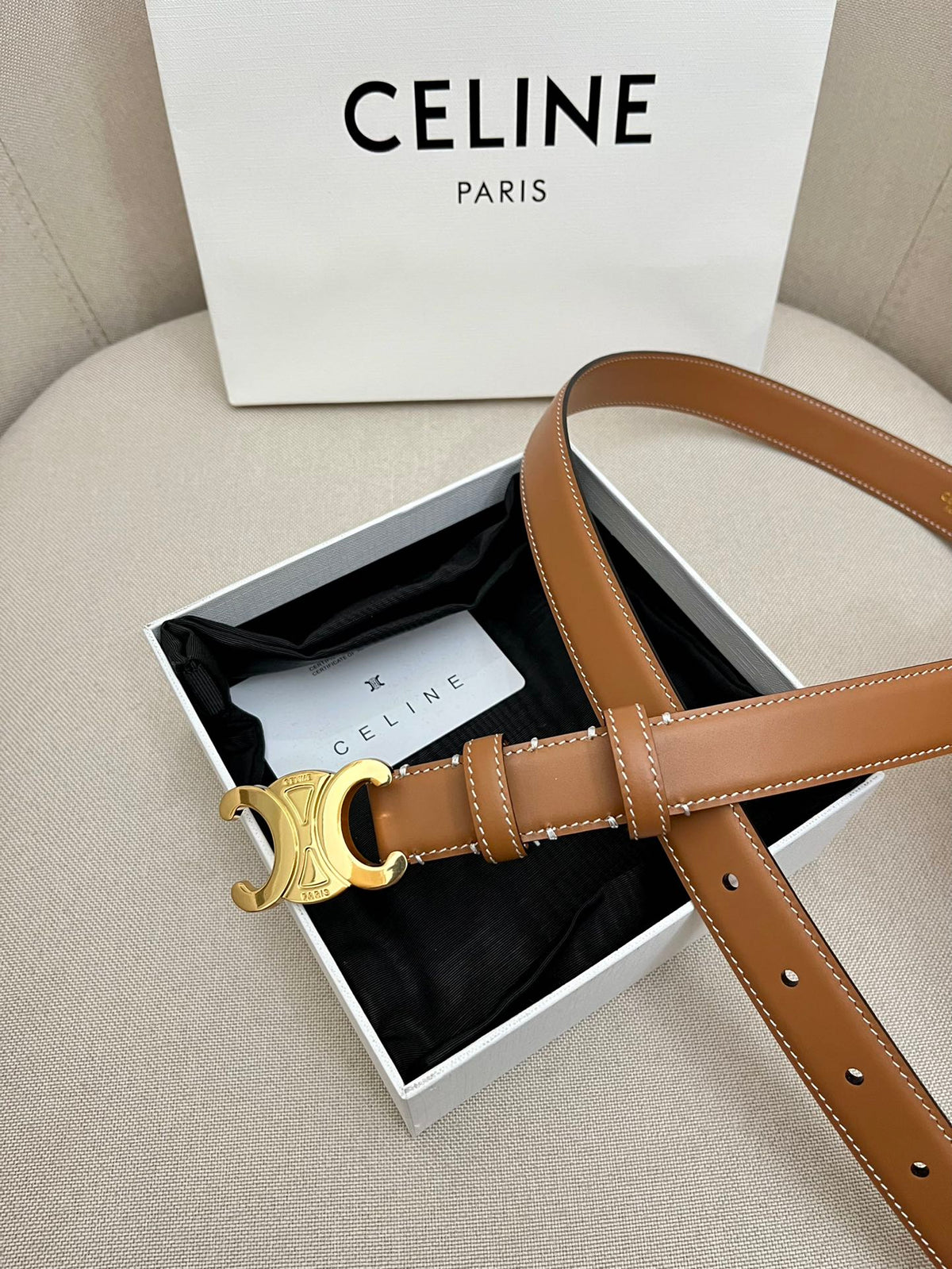 CELINE 25S TRIOMPHE 25MM BELT IN CARAMEL CALFSKIN GLOD HARDWARE