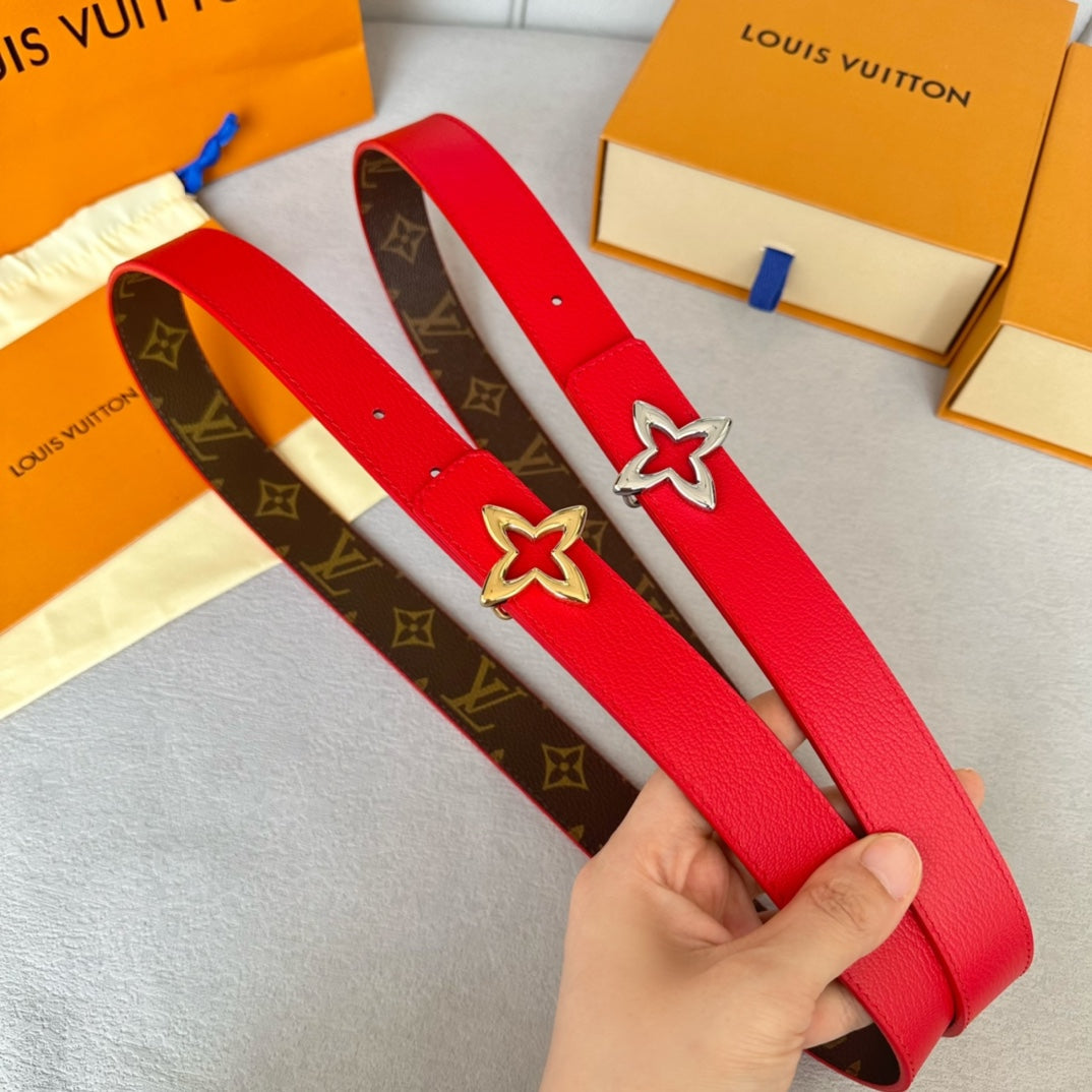 LOUIS VUITTON LV  MINI FLOWERGRAM 30MM REVERSIBLE BELT IN CHERRY RED CALFSKIN SILVER HARDWARE