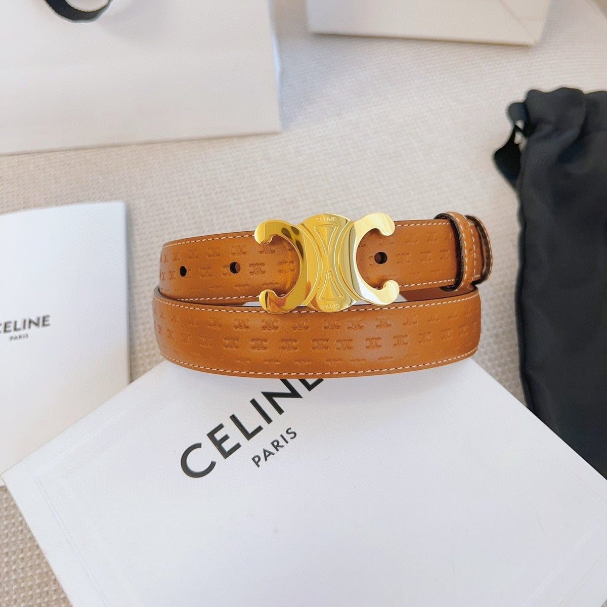 CELINE 25S BELT TRIOMPHE 25MM IN LIGHT BROWN CALFSKIN DEBOSSED LOGO 563331