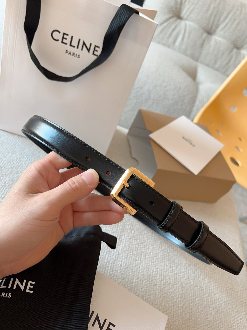 CELINE 25S BELT 25MM IN BLACK CALFSKIN GOLD HARDWARE 561796