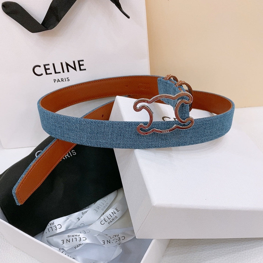 CELINE 25S BELT TRIOMPHE TAURILLON 25MM IN BROWN CALFSKIN AND DENIM 558350