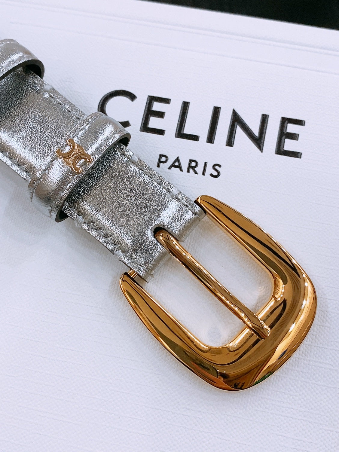 CELINE 25S BELT 25MM WITH ARC DE TRIOMPHE BUCKLE IN SILVER 571498
